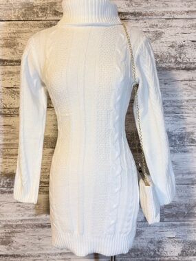 🍀3/$30 Slim Cable-Knit Turtleneck Dress in White
